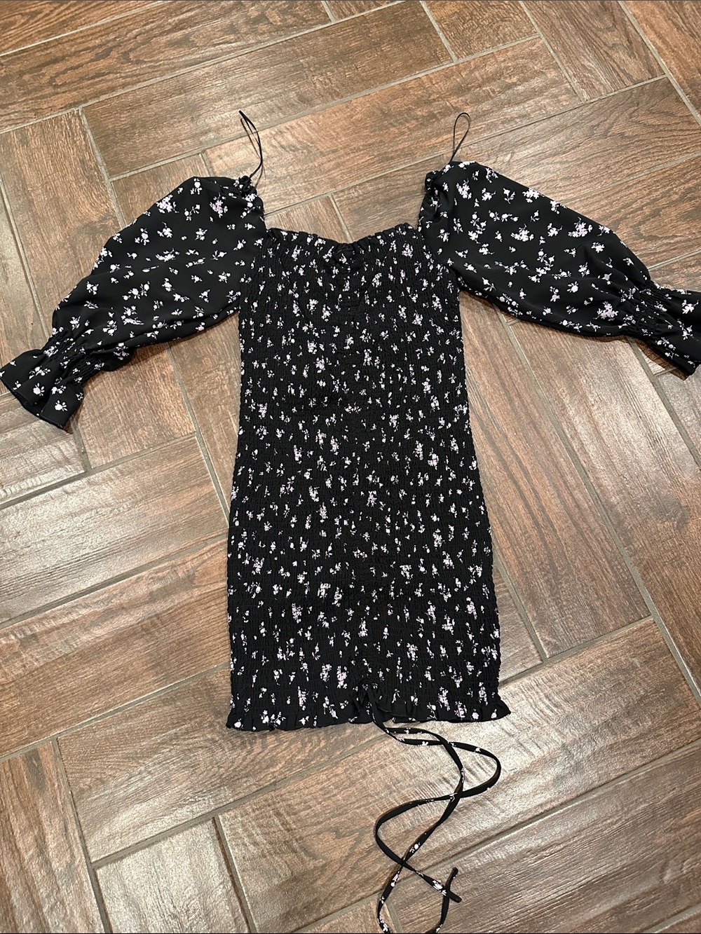 Love Tree Black Floral Smocked Dress with Light Purple Print
